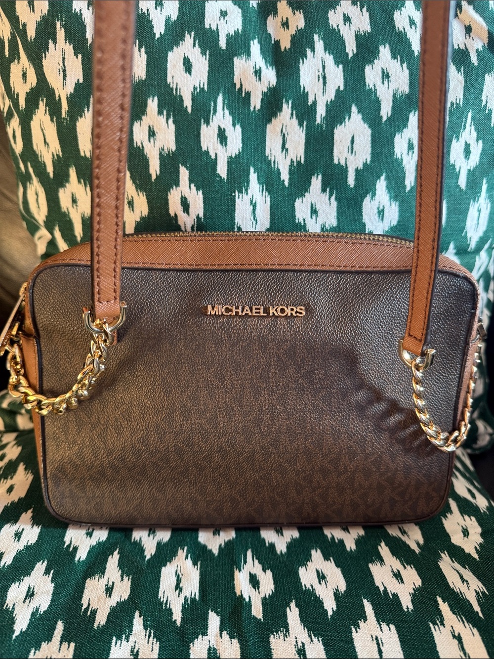 Michael Kors Brown and Tan Logo Crossbody Bag with Gold Hardware